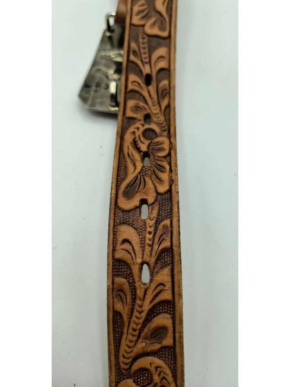 Vintage Tooled Leather Belt With Horse Head Buckle Western Style 24
